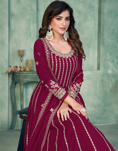 Wine Red Faux Georgette Pant Anarkali Back View