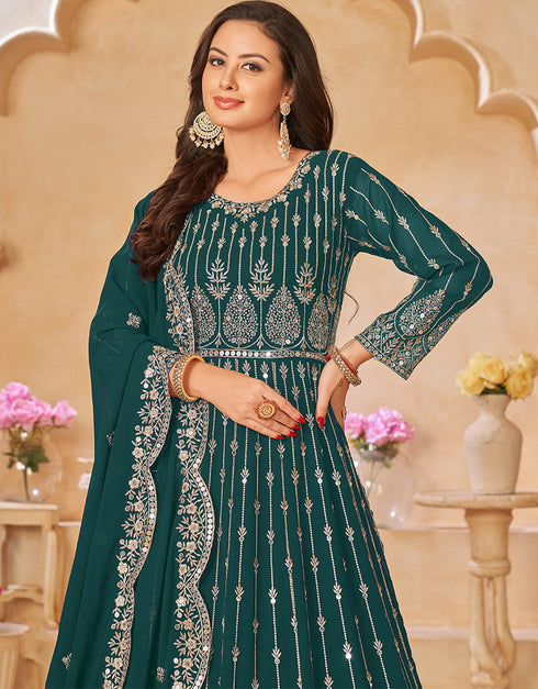 Traditional Party Wear Faux Georgette Salwar Suit Nile Blue Faux Georgette Pant Anarkali Close-up View