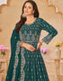 Traditional Party Wear Faux Georgette Salwar Suit Nile Blue Faux Georgette Pant Anarkali Close-up View