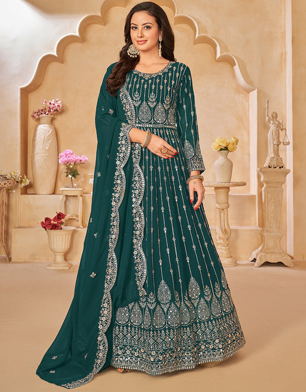 Traditional Party Wear Faux Georgette Salwar Suit Nile Blue Faux Georgette Pant Anarkali Front View