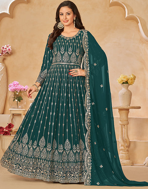 Traditional Party Wear Faux Georgette Salwar Suit Nile Blue Faux Georgette Pant Anarkali Back View