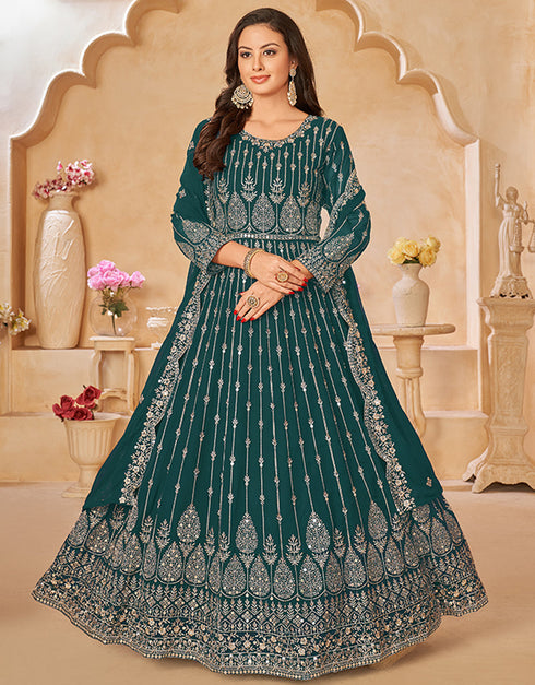 Traditional Party Wear Faux Georgette Salwar Suit Nile Blue Faux Georgette Pant Anarkali Front View