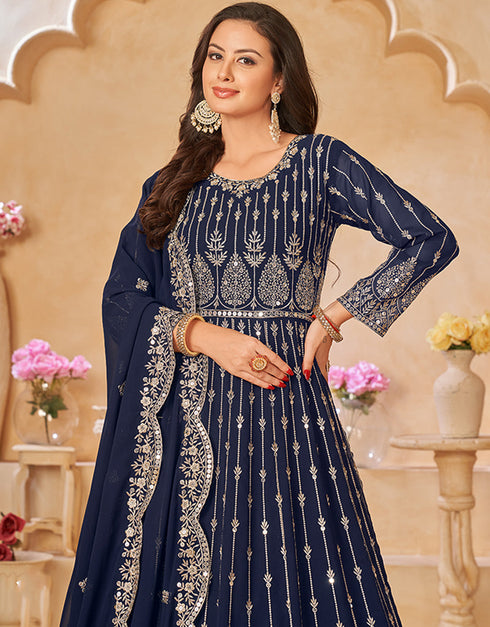Traditional Party Wear Faux Georgette Salwar Suit Dark Blue Faux Georgette Pant Anarkali Close-up View