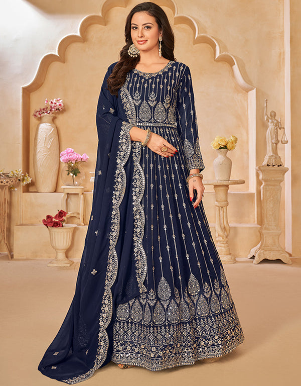 Traditional Party Wear Faux Georgette Salwar Suit Dark Blue Faux Georgette Pant Anarkali Front View