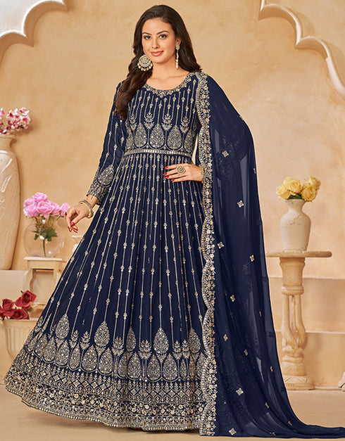 Traditional Party Wear Faux Georgette Salwar Suit Dark Blue Faux Georgette Pant Anarkali Back View