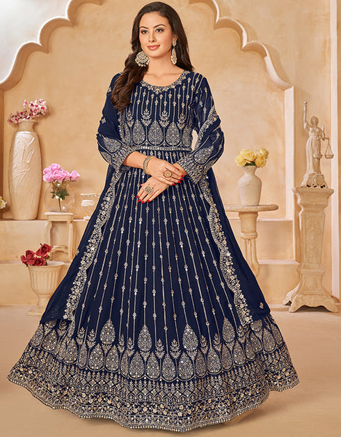 Traditional Party Wear Faux Georgette Salwar Suit Dark Blue Faux Georgette Pant Anarkali Front View