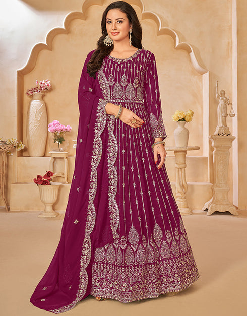 Traditional Party Wear Faux Georgette Salwar Suit Pansy Purple Faux Georgette Pant Anarkali Front View