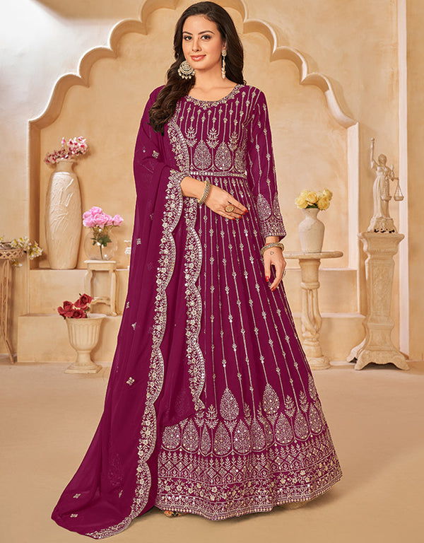 Traditional Party Wear Faux Georgette Salwar Suit Pansy Purple Faux Georgette Pant Anarkali Front View