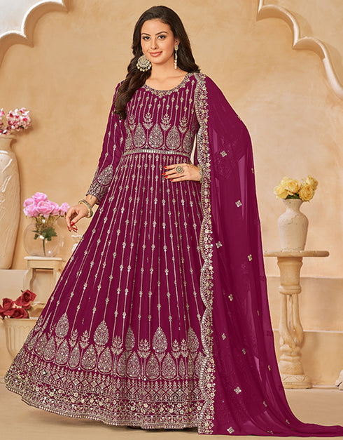 Traditional Party Wear Faux Georgette Salwar Suit Pansy Purple Faux Georgette Pant Anarkali Close-up View