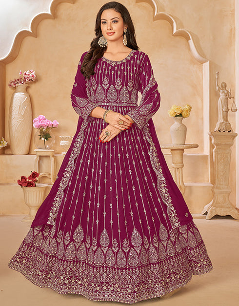 Traditional Party Wear Faux Georgette Salwar Suit Pansy Purple Faux Georgette Pant Anarkali Back View