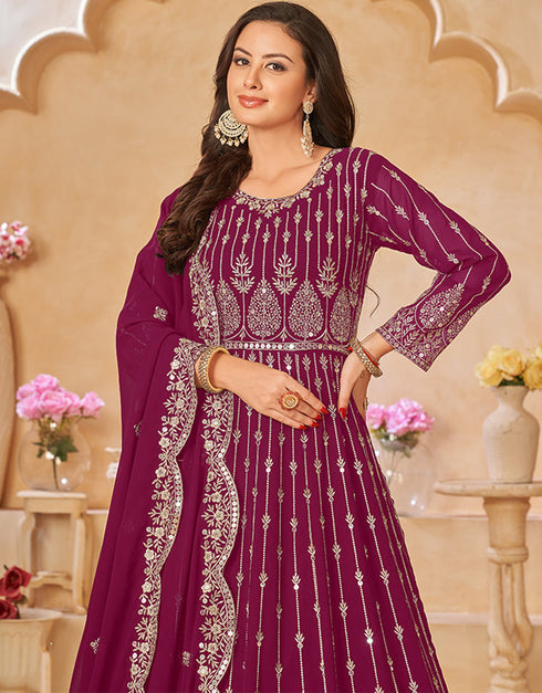 Traditional Party Wear Faux Georgette Salwar Suit Pansy Purple Faux Georgette Pant Anarkali Front View