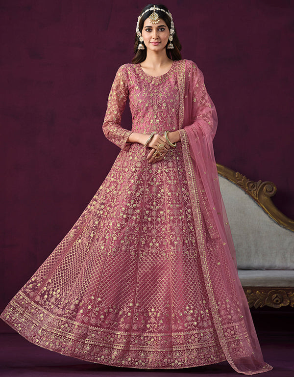 Traditional Designer Heavy Wedding Wear Net Gown Solid Pink Net Pant Anarkali Front View