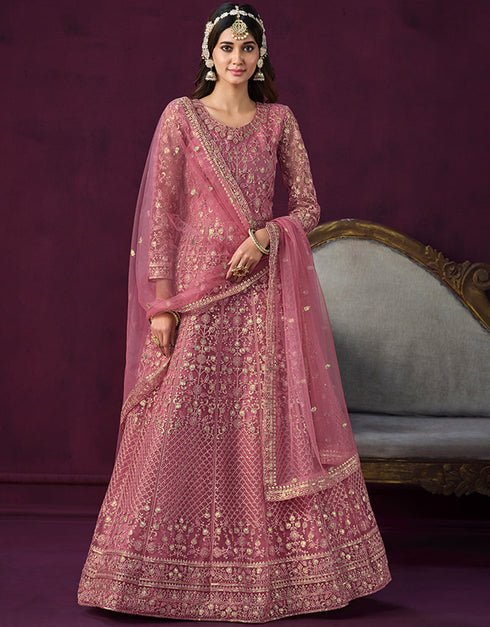 Traditional Designer Heavy Wedding Wear Net Gown Solid Pink Net Pant Anarkali Close-up View