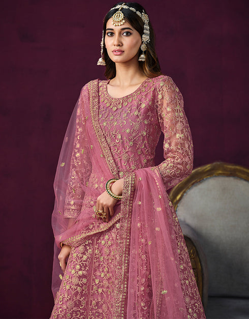 Traditional Designer Heavy Wedding Wear Net Gown Solid Pink Net Pant Anarkali Back View