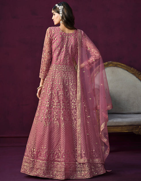 Traditional Designer Heavy Wedding Wear Net Gown Solid Pink Net Pant Anarkali Front View
