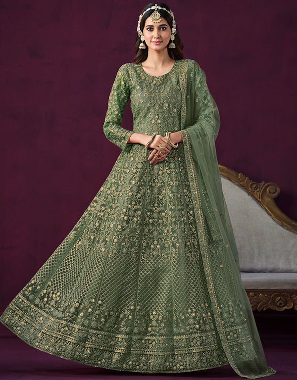 Traditional Designer Heavy Wedding Wear Net Gown Rifle Green Net Pant Anarkali Front View