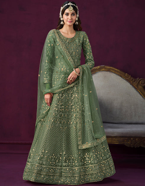 Traditional Designer Heavy Wedding Wear Net Gown Rifle Green Net Pant Anarkali Close-up View
