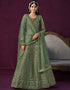 Traditional Designer Heavy Wedding Wear Net Gown Rifle Green Net Pant Anarkali Close-up View