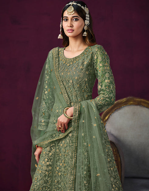 Traditional Designer Heavy Wedding Wear Net Gown Rifle Green Net Pant Anarkali Back View
