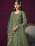 Traditional Designer Heavy Wedding Wear Net Gown Rifle Green Net Pant Anarkali Back View