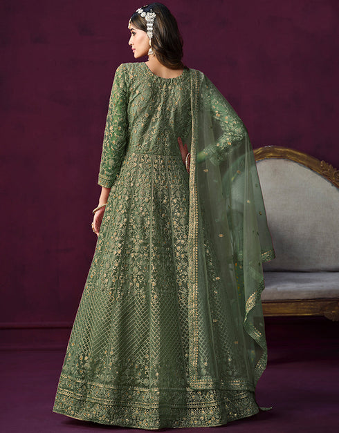 Traditional Designer Heavy Wedding Wear Net Gown Rifle Green Net Pant Anarkali Front View