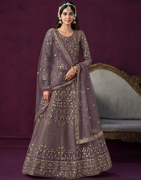 Traditional Designer Heavy Wedding Wear Net Gown Purple Taupe Net Pant Anarkali Close-up View
