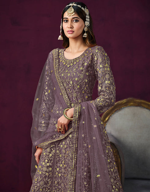 Traditional Designer Heavy Wedding Wear Net Gown Purple Taupe Net Pant Anarkali Back View