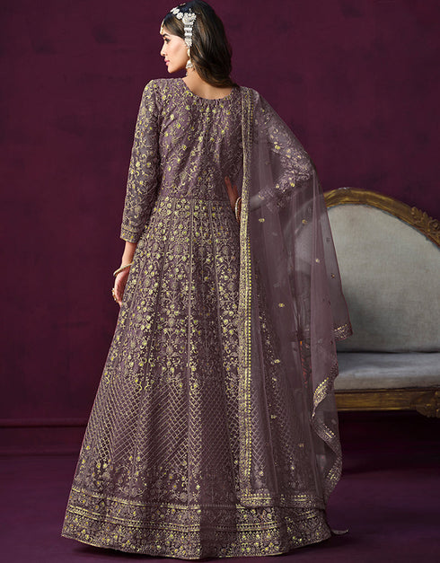 Traditional Designer Heavy Wedding Wear Net Gown Purple Taupe Net Pant Anarkali Front View