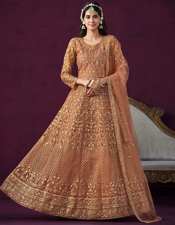 Traditional Designer Heavy Wedding Wear Net Gown Light Taupe Net Pant Anarkali Front View