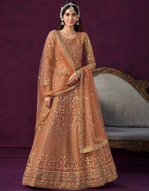 Traditional Designer Heavy Wedding Wear Net Gown Light Taupe Net Pant Anarkali Close-up View