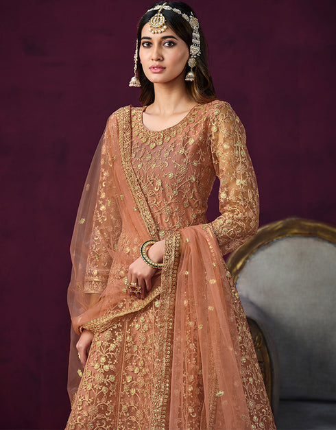 Traditional Designer Heavy Wedding Wear Net Gown Light Taupe Net Pant Anarkali Back View