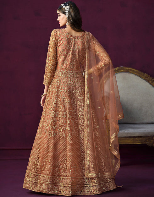 Traditional Designer Heavy Wedding Wear Net Gown Light Taupe Net Pant Anarkali Front View
