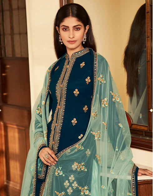 Royal Blue Lehenga style Suits Georgette Salwar Kameez in Embroidery, Stones & Lace Work Closure View