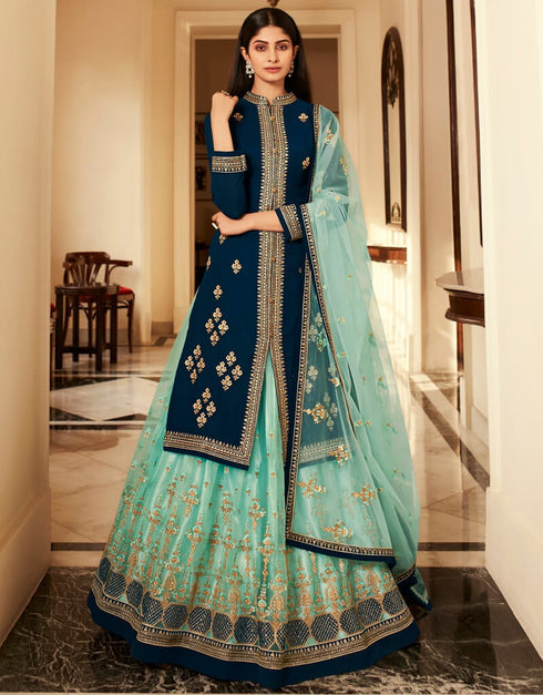 Royal Blue Lehenga style Suits Georgette Salwar Kameez in Embroidery, Stones & Lace Work