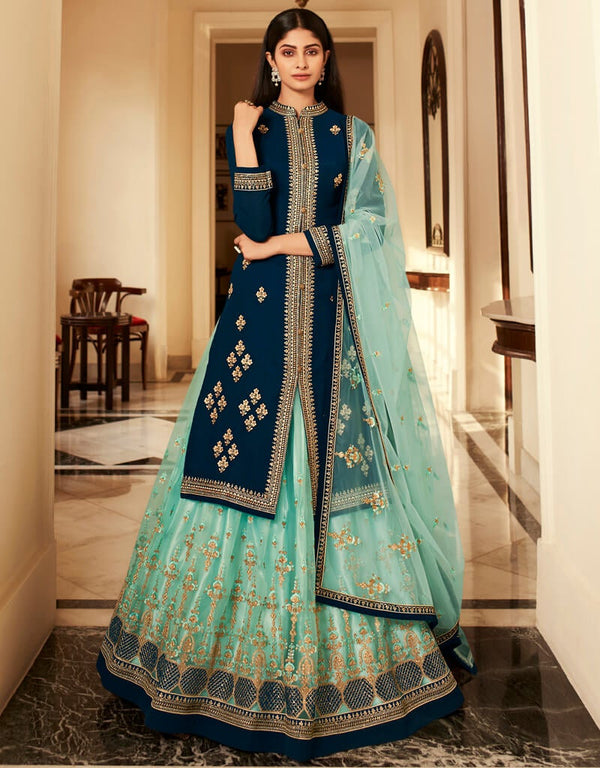 Royal Blue Lehenga style Suits Georgette Salwar Kameez in Embroidery, Stones & Lace Work