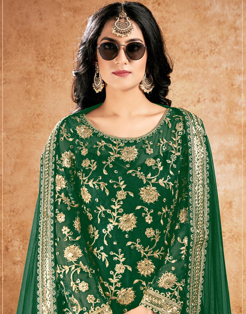 Vibrant Green Sharara style Suits Soft Net With Inner Salwar Kameez in Sequins Embroidery, Stone & Lace Work Closure View