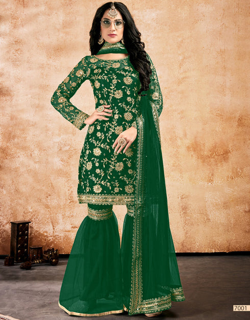 Vibrant Green Sharara style Suits Soft Net With Inner Salwar Kameez in Sequins Embroidery, Stone & Lace Work