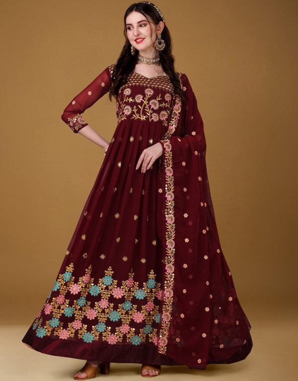 Maroon Oak Foux Georgette Pant Anarkali