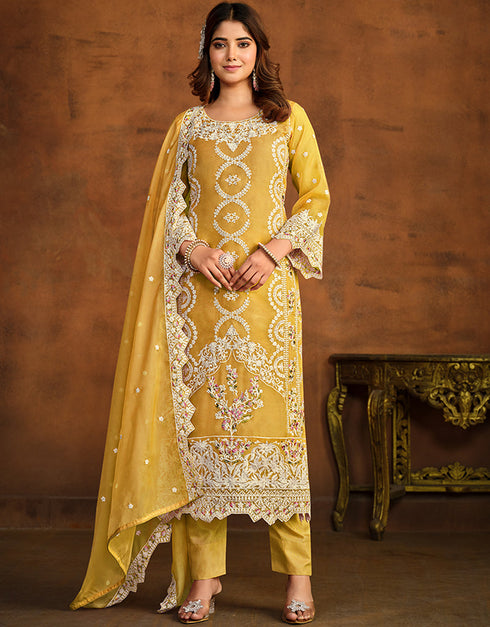 Designer Party Wear Net Salwar Suit Collection Saffron Mango Soft Organza Pant Pakistani Suit Front View