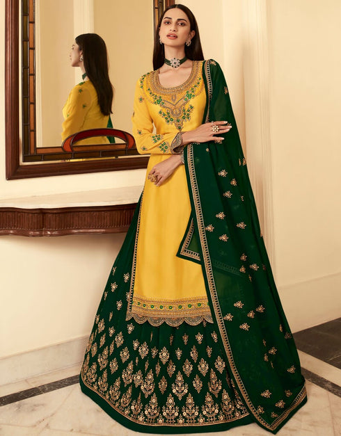 Yellow Lehenga style Suits Satin Georgette Salwar Kameez in Embroidery, Stones & Lace Work