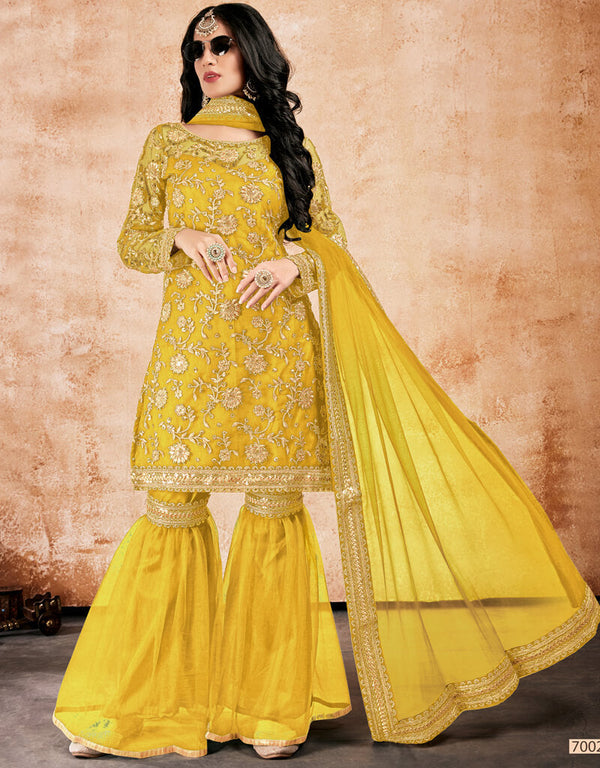 Yellow Sharara style Suits Soft Net With Inner Salwar Kameez in Sequins Embroidery, Stone & Lace Work