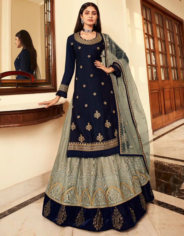 Navy Blue Lehenga style Suits Rangoli Georgette Salwar Kameez in Embroidery, Stones & Lace Work