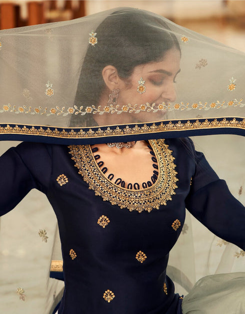 Navy Blue Lehenga style Suits Rangoli Georgette Salwar Kameez in Embroidery, Stones & Lace Work Closure View Embroidery Back side View