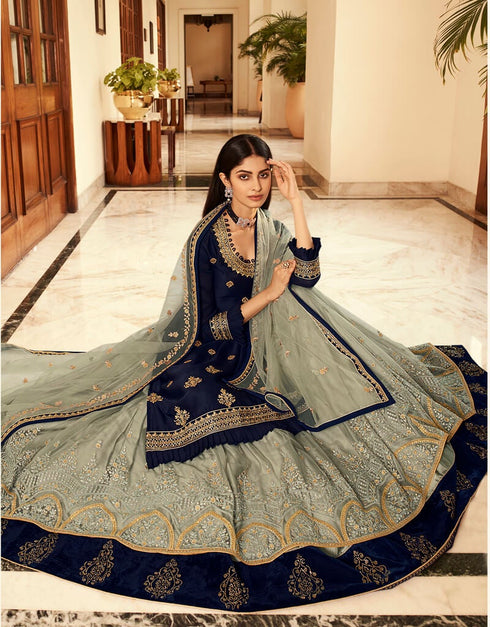 Navy Blue Lehenga style Suits Rangoli Georgette Salwar Kameez in Embroidery, Stones & Lace Work Closure View Embroidery