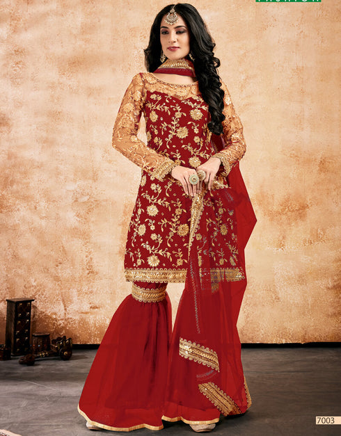 Red Sharara style Suits Soft Net With Inner Salwar Kameez in Sequins Embroidery, Stone & Lace Work