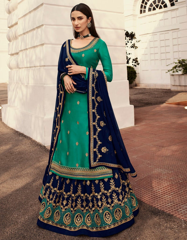 Sea Green Lehenga style Suits Rangoli Georgette Salwar Kameez in Embroidery, Stones & Lace Work