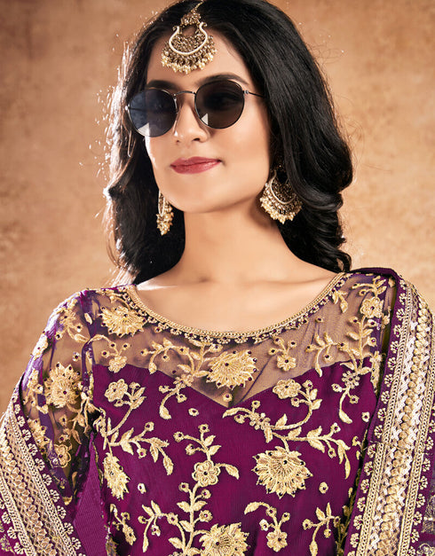 Dark Purple Sharara style Suits Soft Net With Inner Salwar Kameez in Sequins Embroidery, Stone & Lace Work Closure View