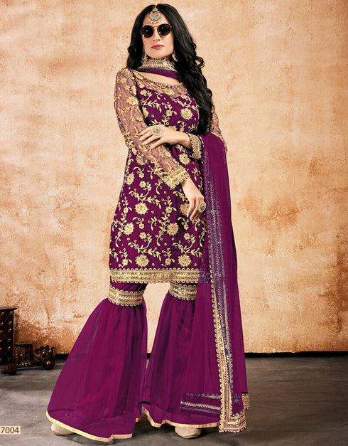 Dark Purple Sharara style Suits Soft Net With Inner Salwar Kameez in Sequins Embroidery, Stone & Lace Work