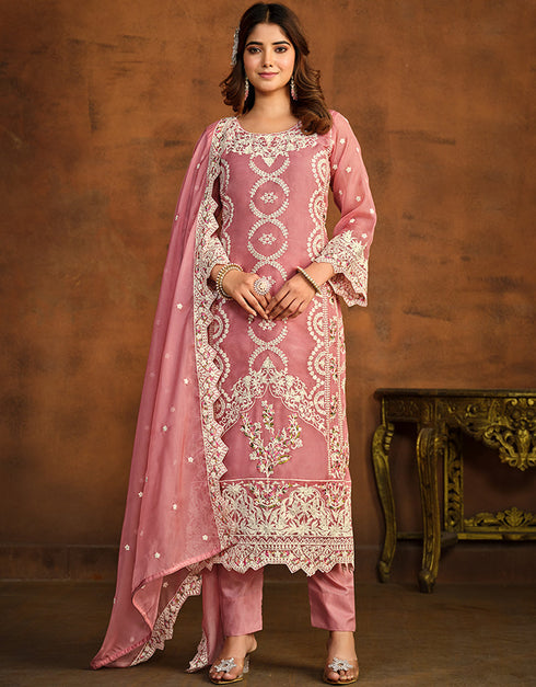 Designer Party Wear Net Salwar Suit Collection Tulip Pink Soft Organza Pant Pakistani Suit Front View