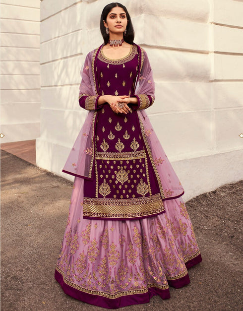 Purple Lehenga style Suits Georgette Salwar Kameez in Embroidery, Stones & Lace Work